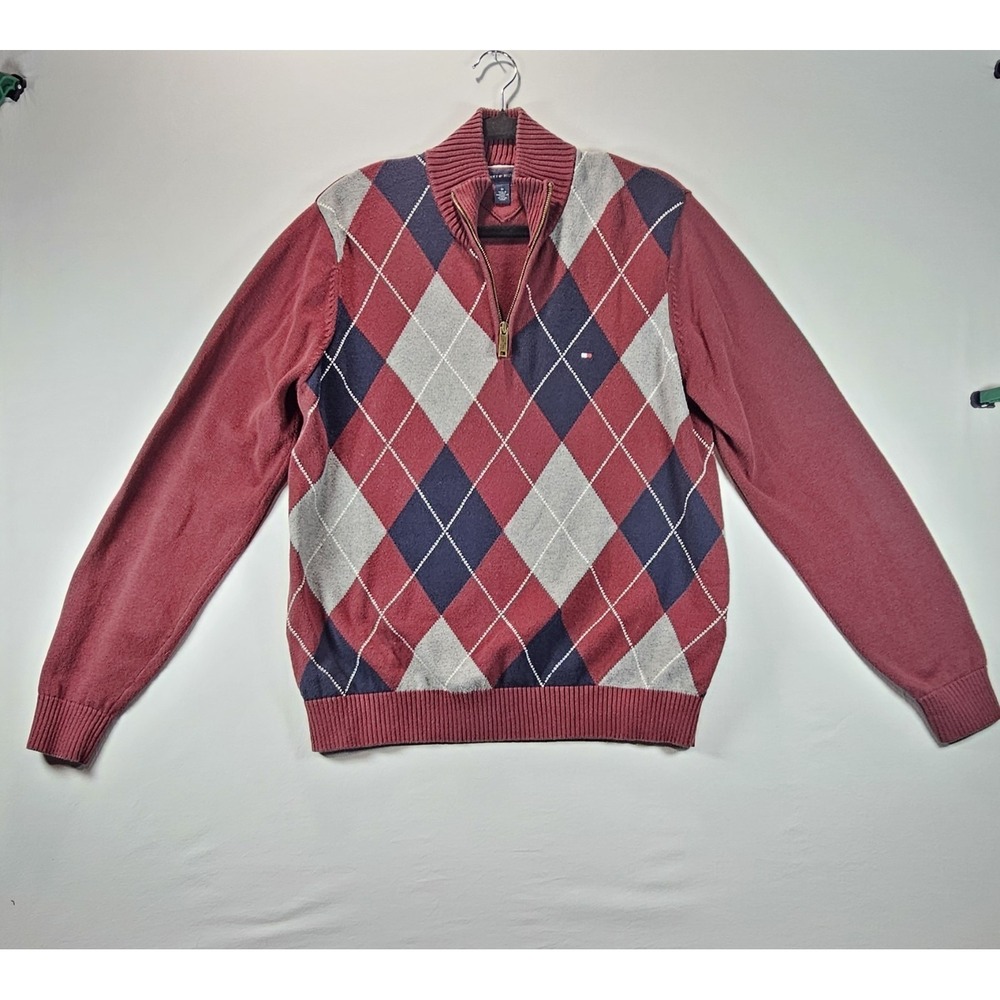 Tommy‎ Hilfiger Sweater Mens Medium 1/4 Zip Red Argyle Cotton Mock Neck